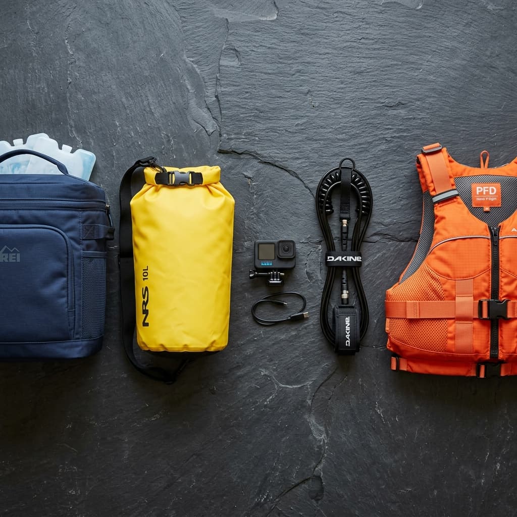 Paddle board accessories arranged on dark slate — cooler, dry bag, action camera, leash, life jacket