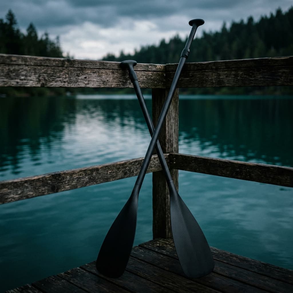 Carbon fiber SUP paddle leaning against a dock railing above teal water