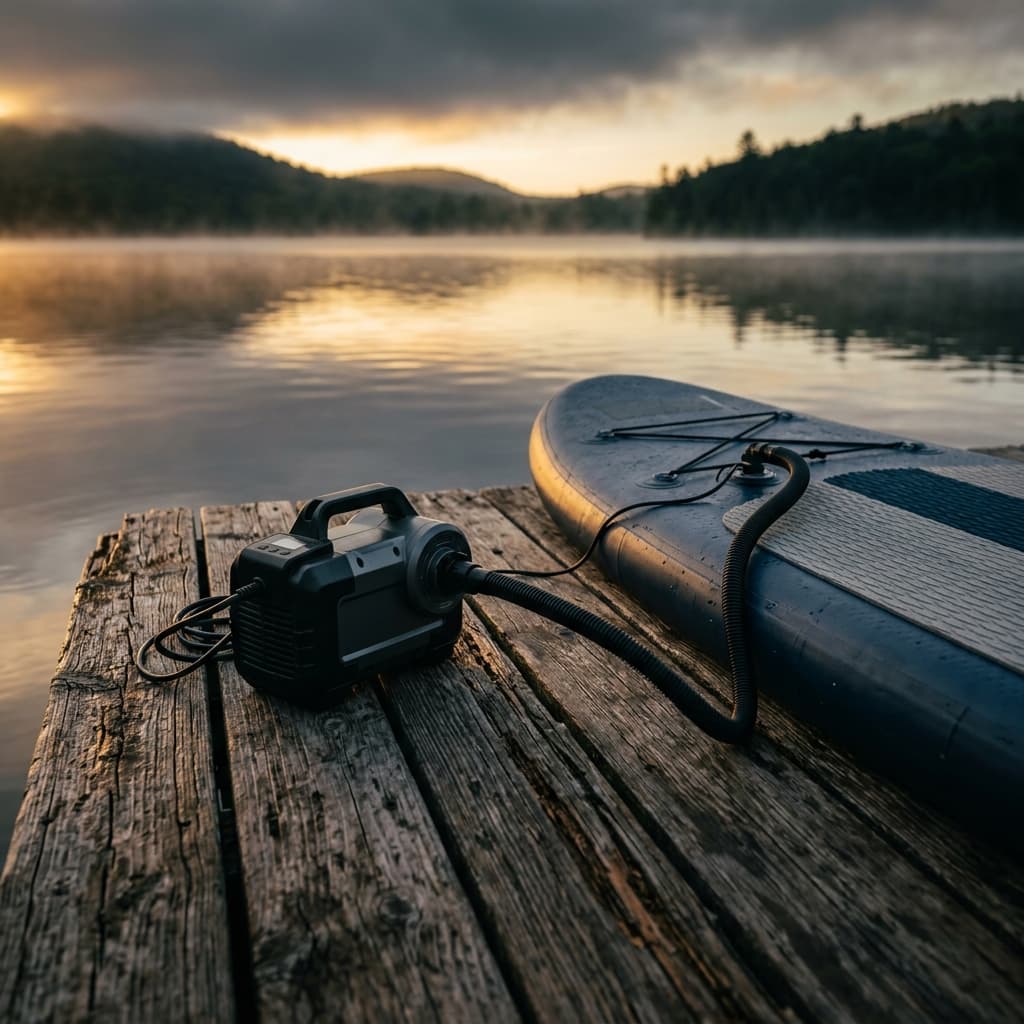 Electric pump beside a paddle board on a dock at sunrise