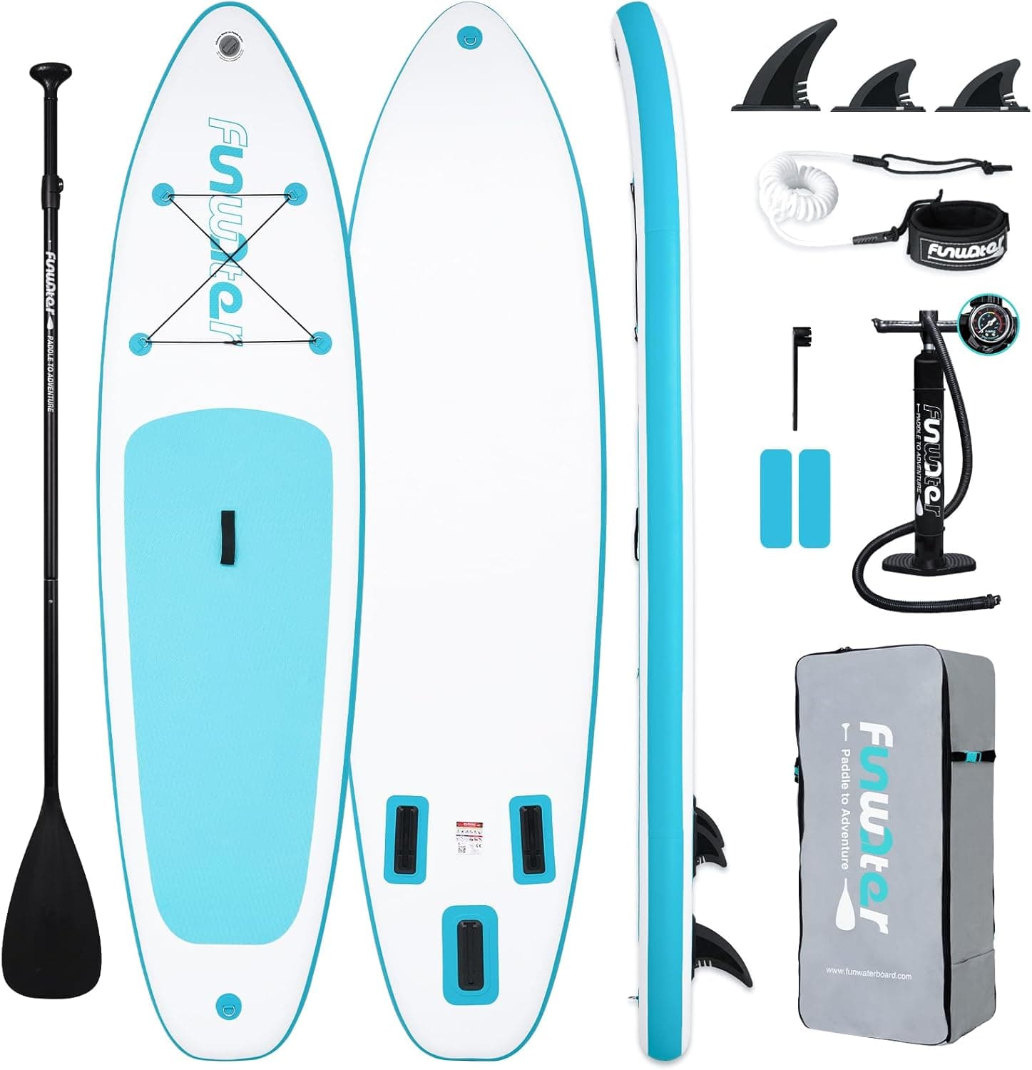 FunWater inflatable paddle board package with paddle pump and accessories
