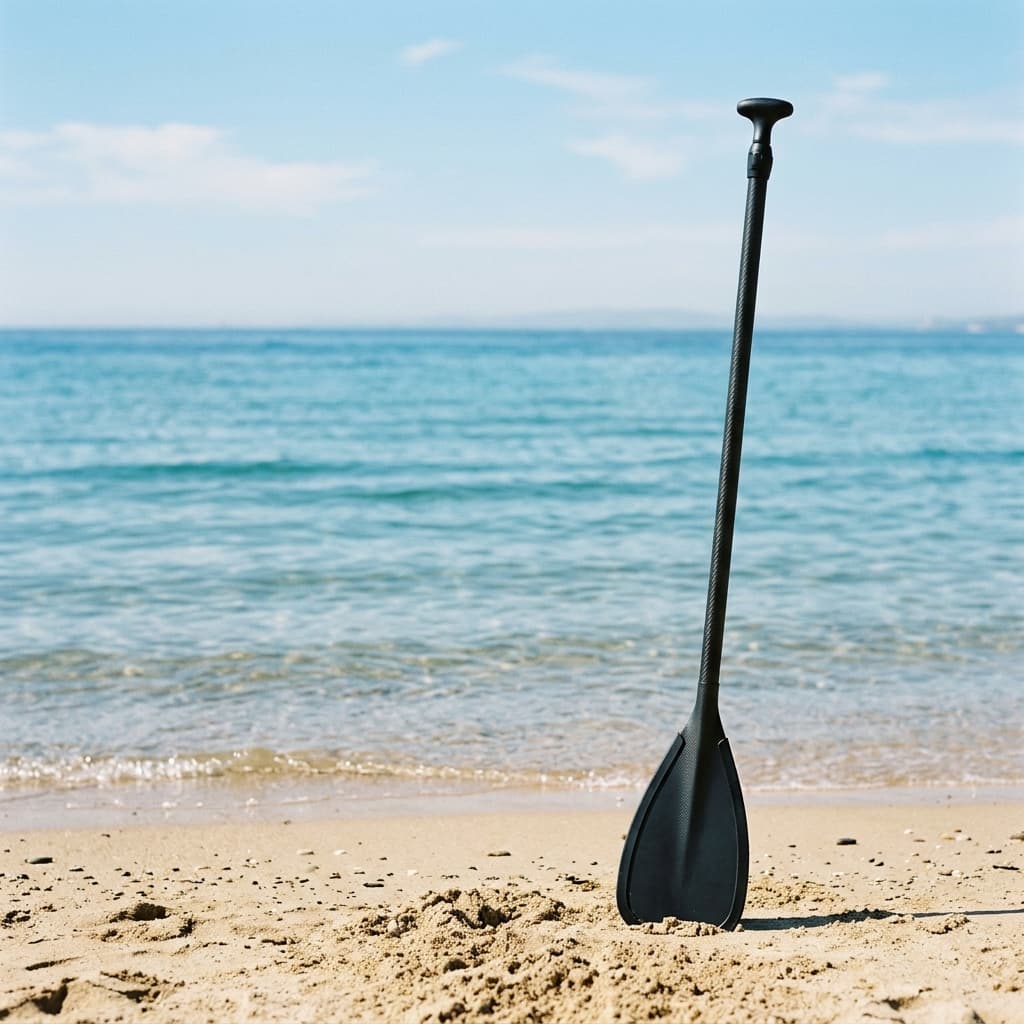 Gili Sports Carbon Fiber SUP paddle on beach shore with ocean background