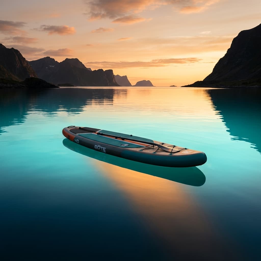 Inflatable paddle board floating on glass-calm turquoise water at golden hour
