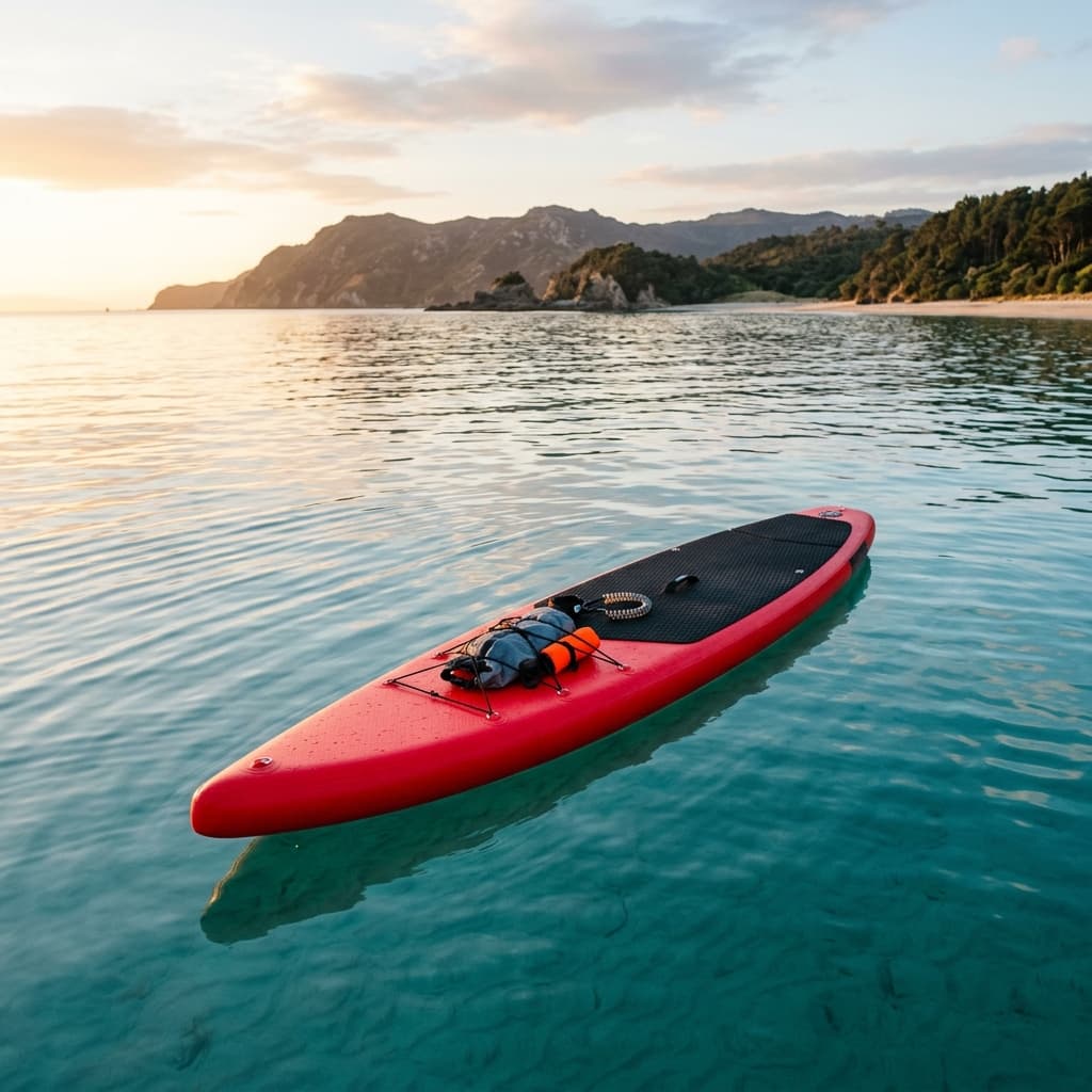 Red Paddle Co Sport inflatable paddle board on open water for touring