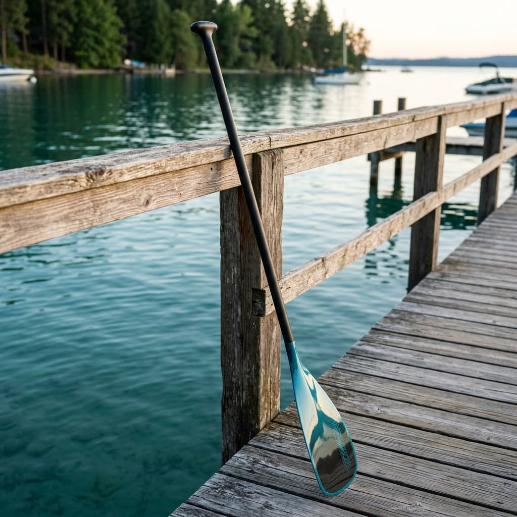 Werner Paddles Camano fiberglass SUP paddle leaning over teal water