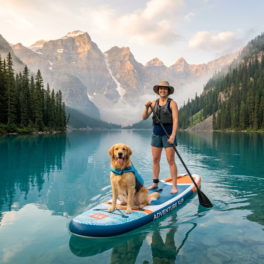 Golden retriever sitting happily on the front of an inflatable paddleboard on a calm mountain lake