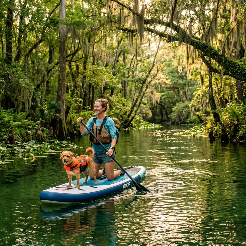 Woman paddleboarding with her dog on a beautiful lazy river lined with cypress trees and Spanish moss, similar to Coldwater Creek in Milton Florida